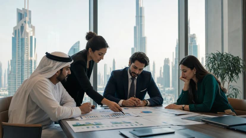 Business professionals discussing financial charts and data in a modern office with a city skyline view.