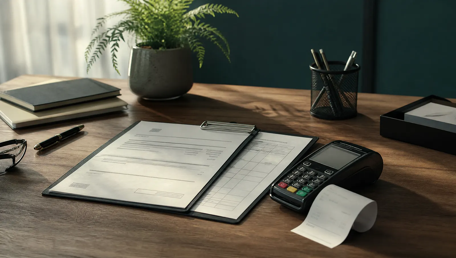 Invoice and payment schedule on a clipboard beside a card machine