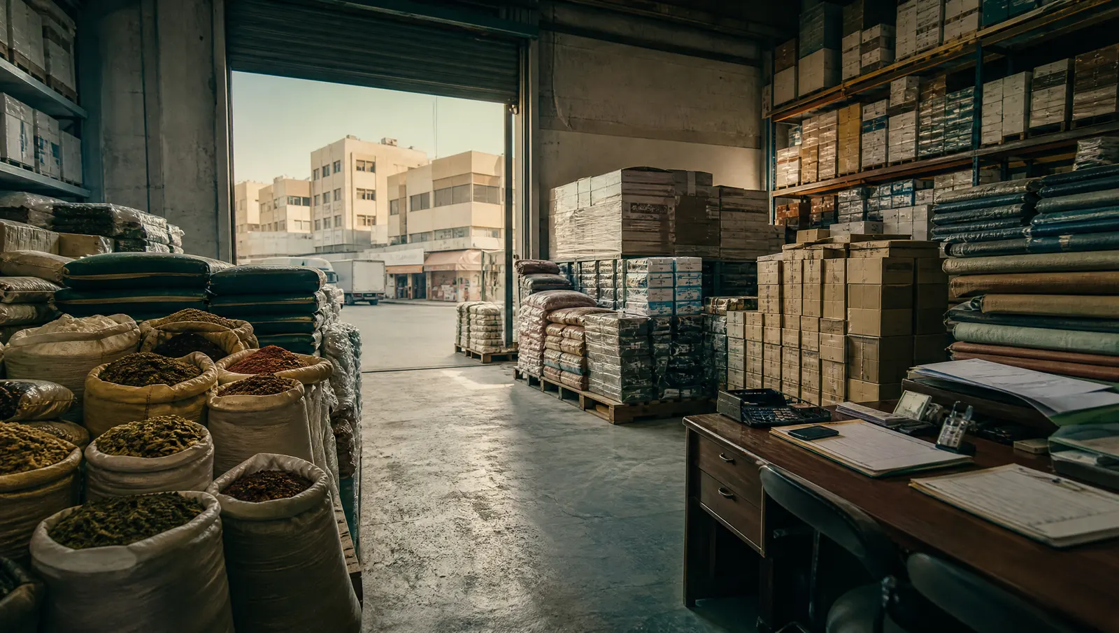Wholesale warehouse with spice sacks, boxes and textiles in Deira