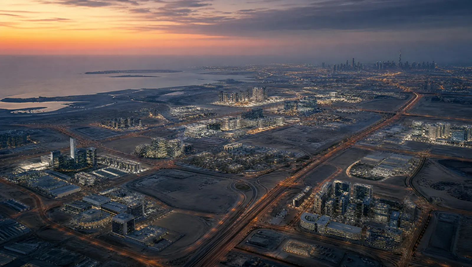Clusters of Dubai business districts lit at dusk from above