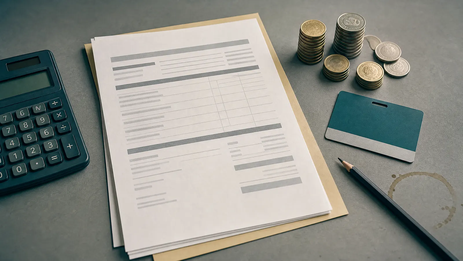 Quotation sheet, calculator, coins and access card on a grey desk
