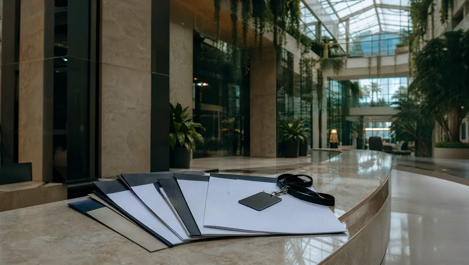Document pack, lanyard and key card on a free zone reception counter