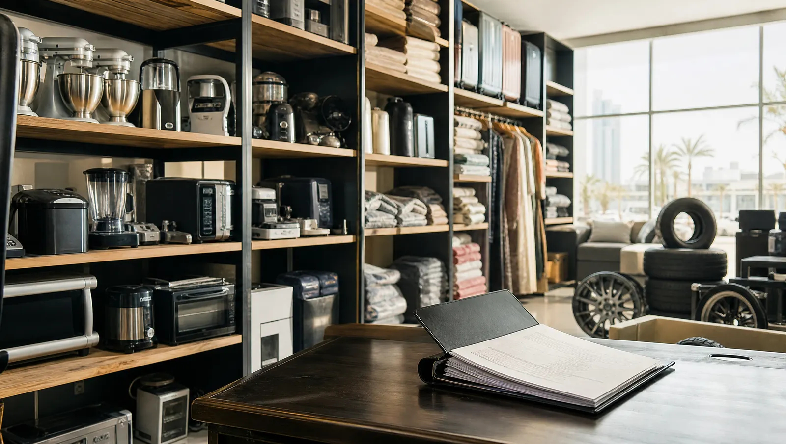 General trading showroom with mixed goods and a folder on the counter