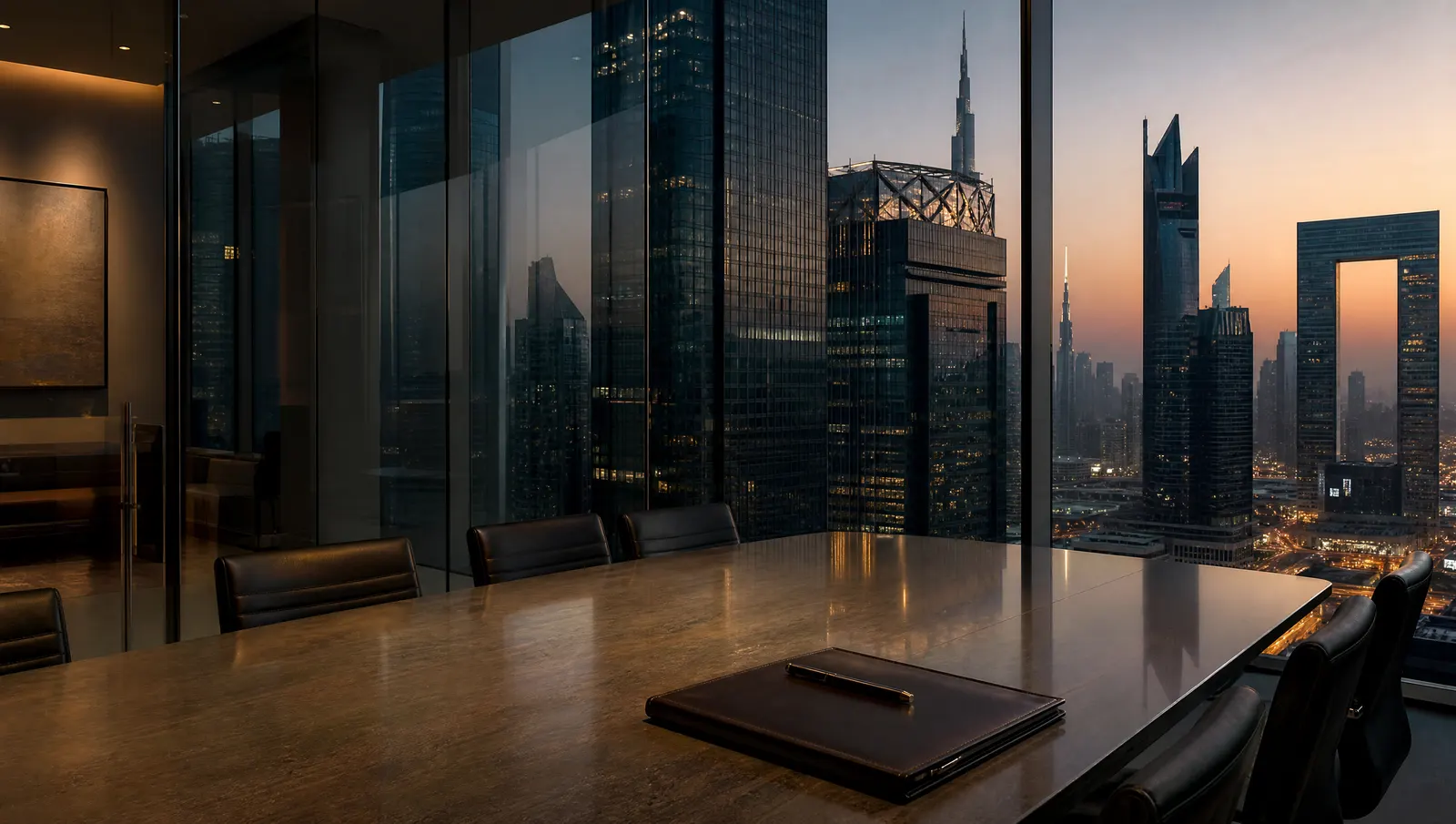 Leather portfolio on a long table in a glass meeting room at dusk