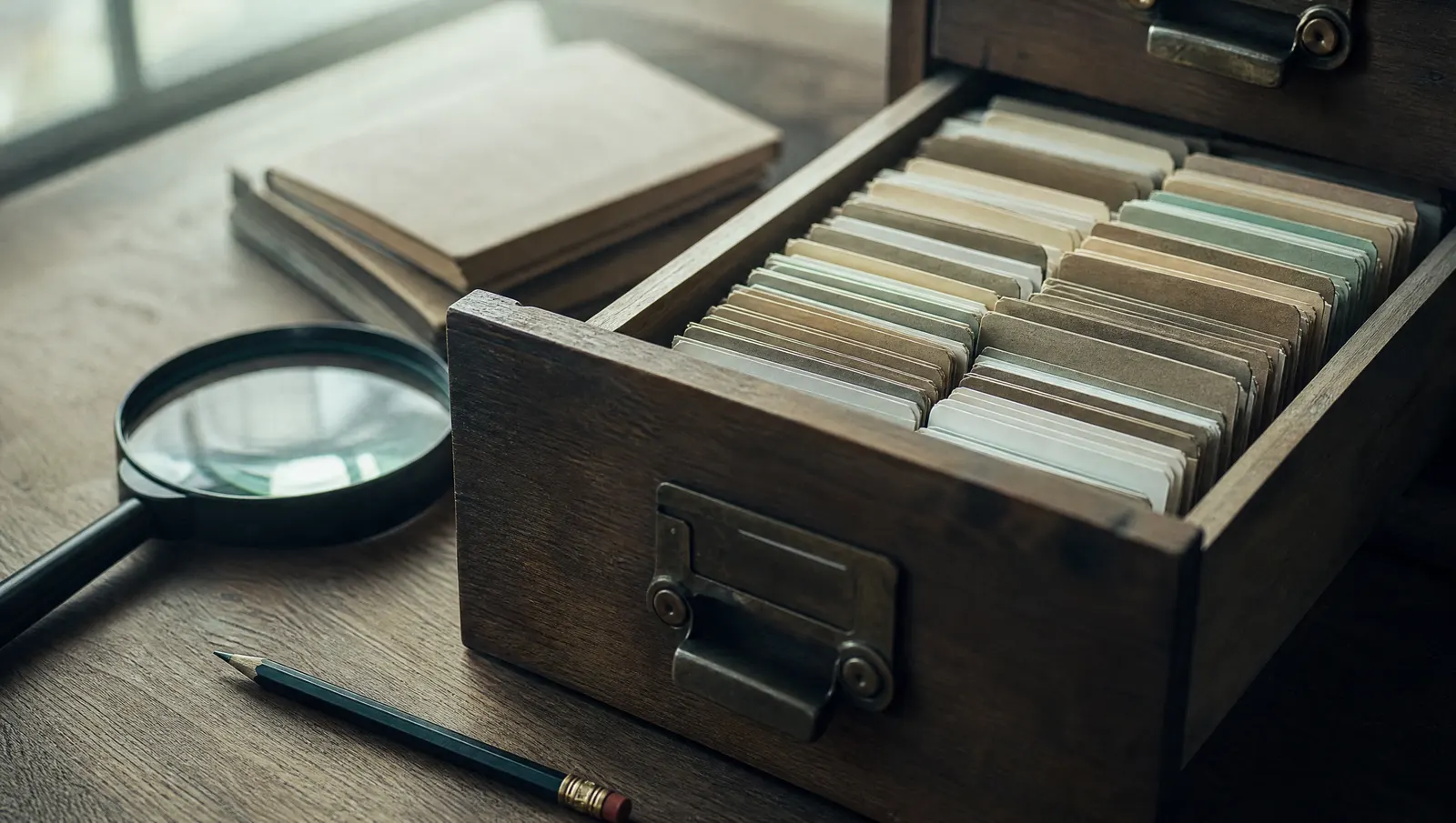 Open index card drawer with dividers, pencil and magnifying glass