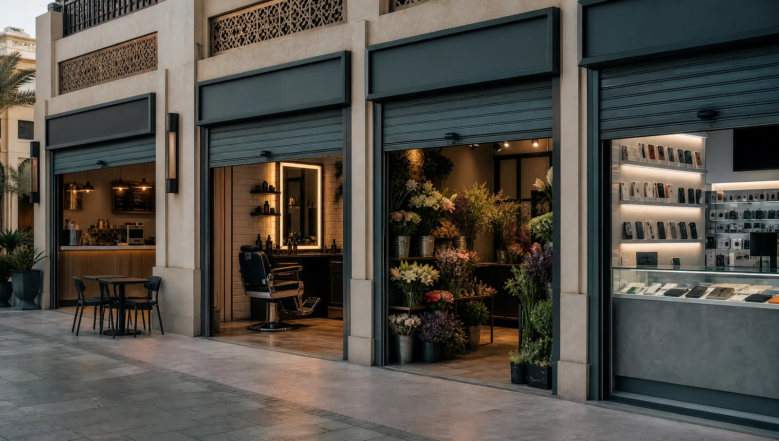Small storefronts with half-raised shutters in a Dubai neighbourhood mall
