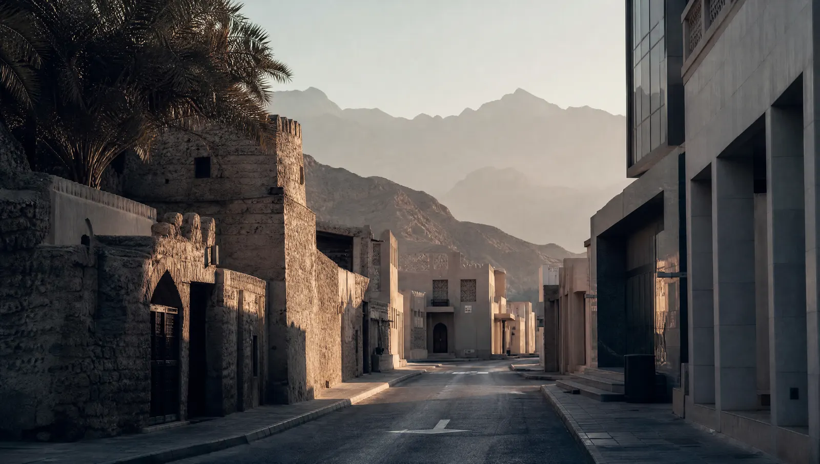Old coral stone buildings beside a newer commercial block in Ras Al Khaimah