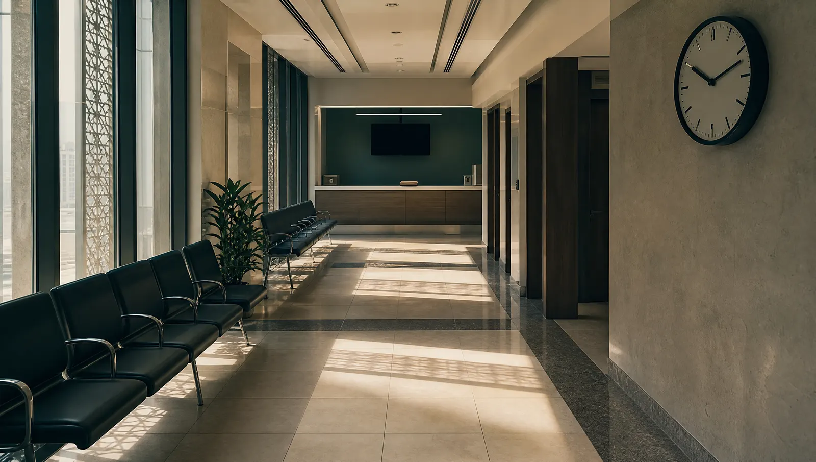 Service centre corridor with a wall clock and a folder on a far counter