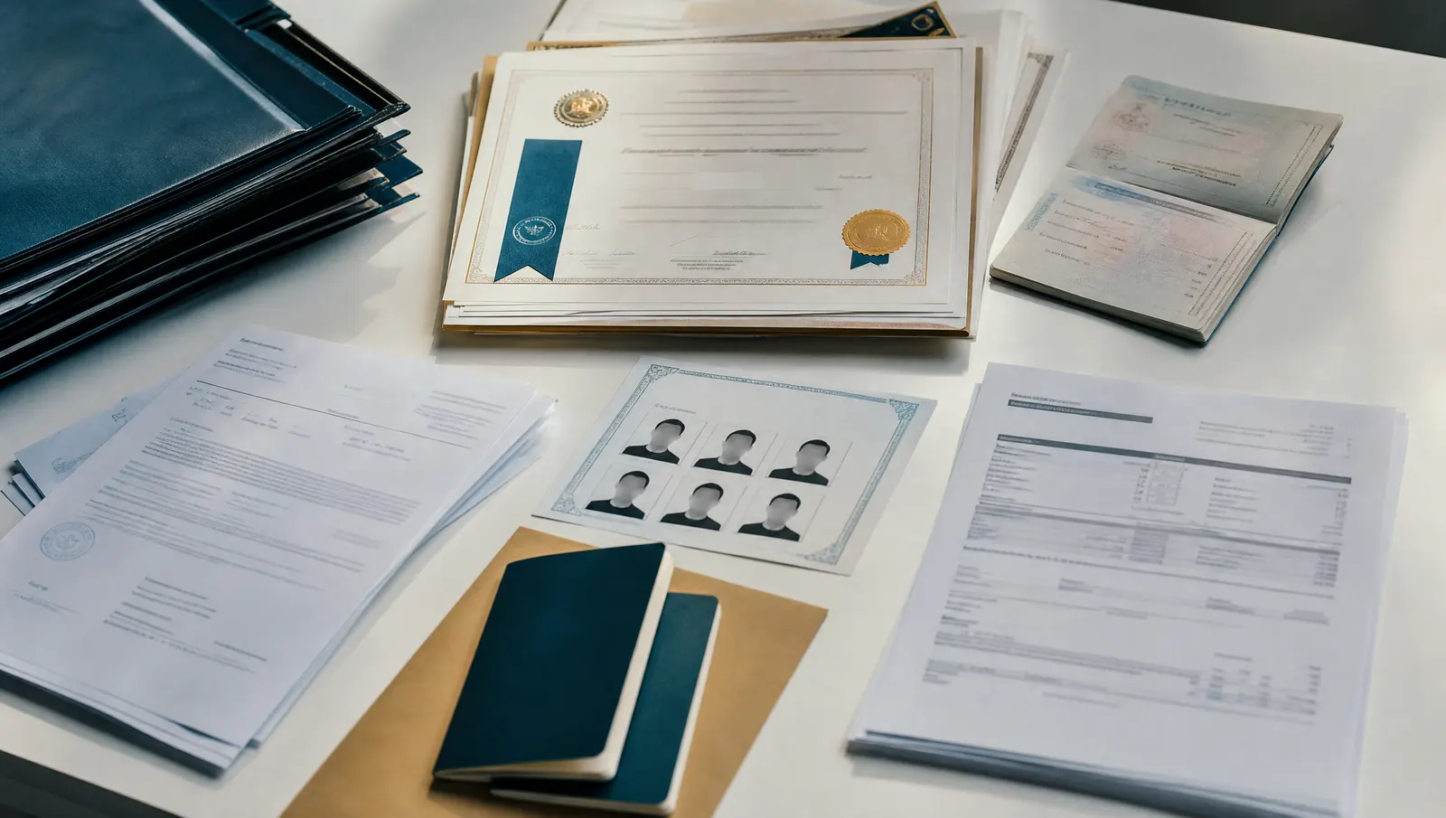 Flat lay of passports, attested certificates, photos and a tenancy contract