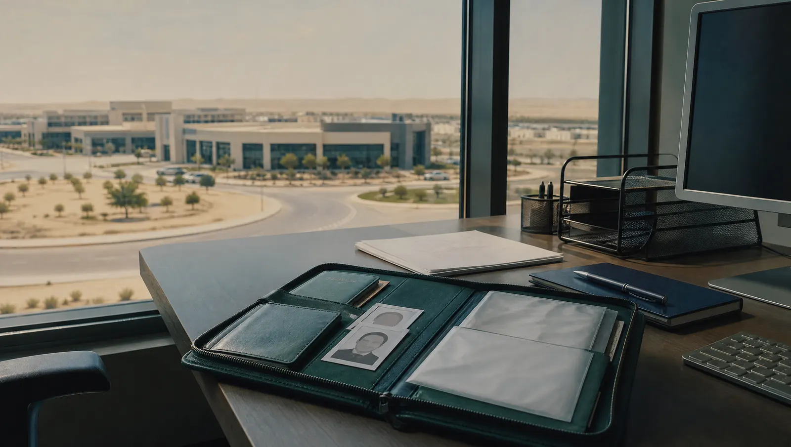 Visa document wallet with passport and photos in a Sharjah free zone office