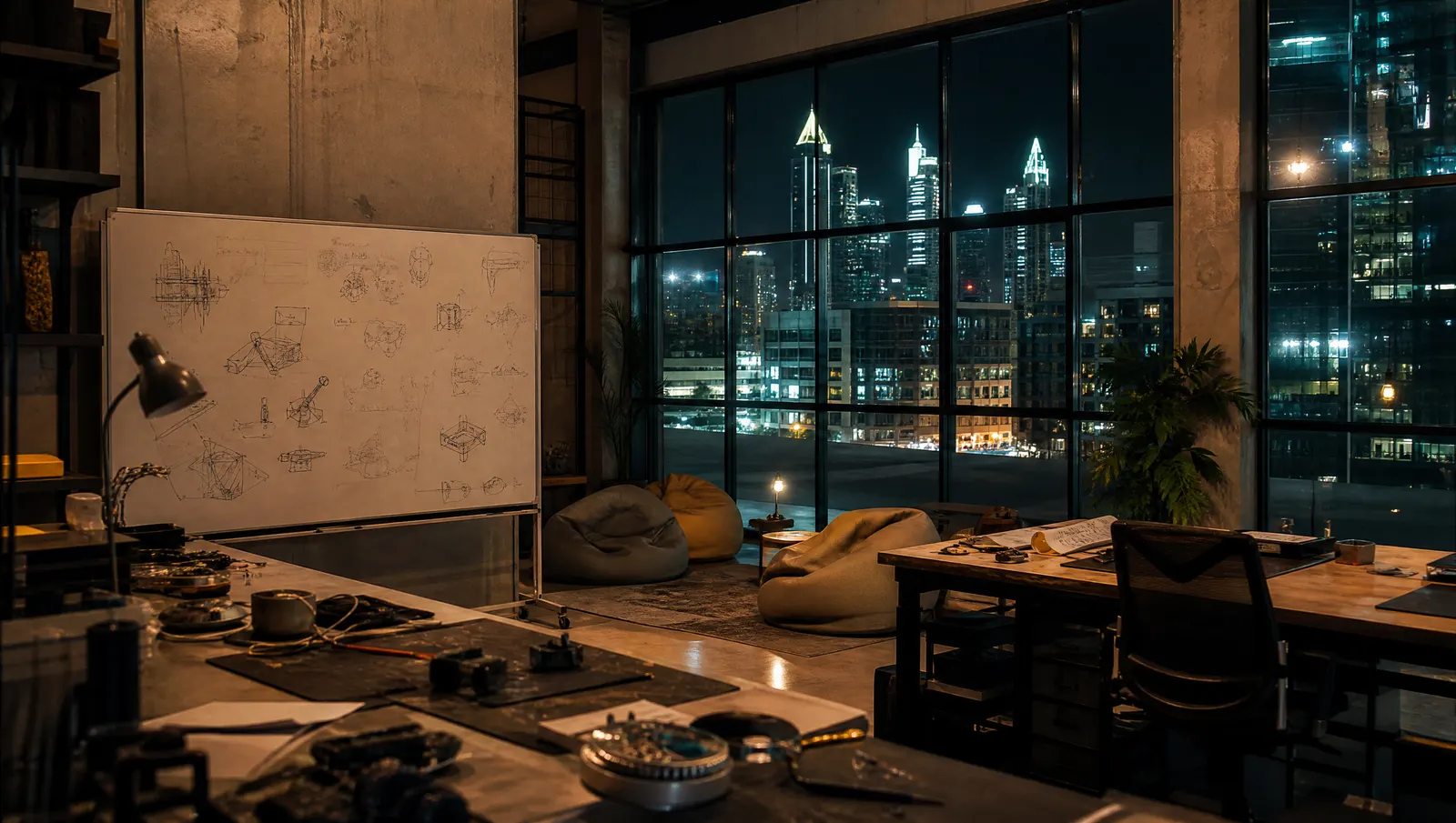 Startup office with prototype parts and whiteboard at night in Dubai