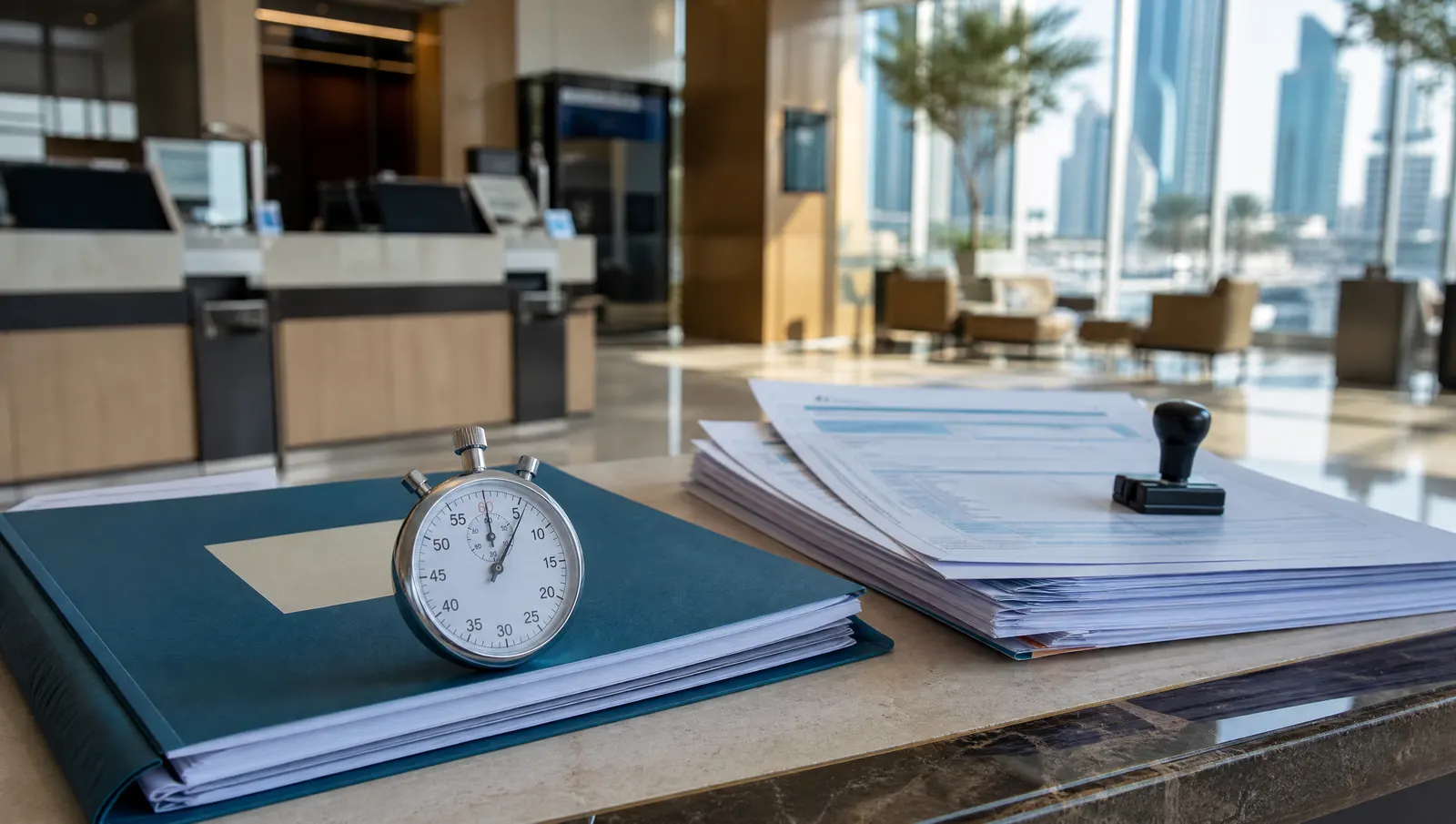 Stopwatch on a licence folder beside unstamped permit forms
