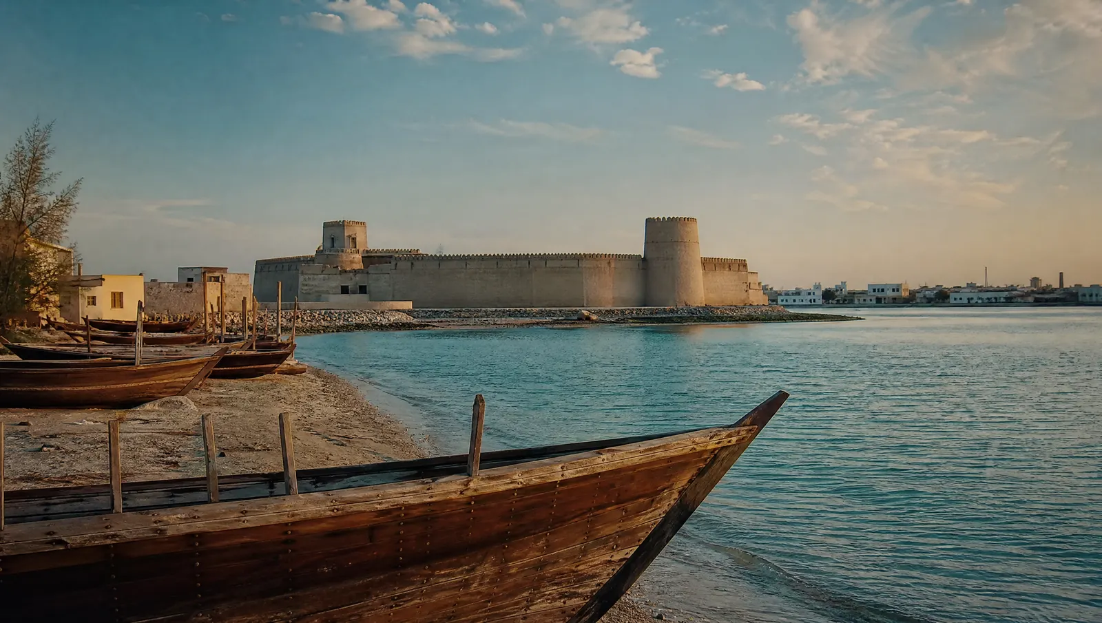 Old town waterfront with wooden boats on the sand in Umm Al Quwain